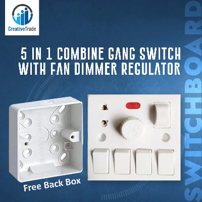 Picture of 5 In 1 AC 250V 4 Pcs Gang Switch + Fan Dimmer Regulator + 2 Pin Socket and LED Indicator With Fuse Wall Gang Switch Box With 1 Gang Back Box Picture of 5 In 1 AC 250V 4 Pcs Gang Switch + Fan Dimmer Regulator + 2 Pin Socket and LED Indicator With Fuse Wall Gang Switch Box With 1 Gang Back Box