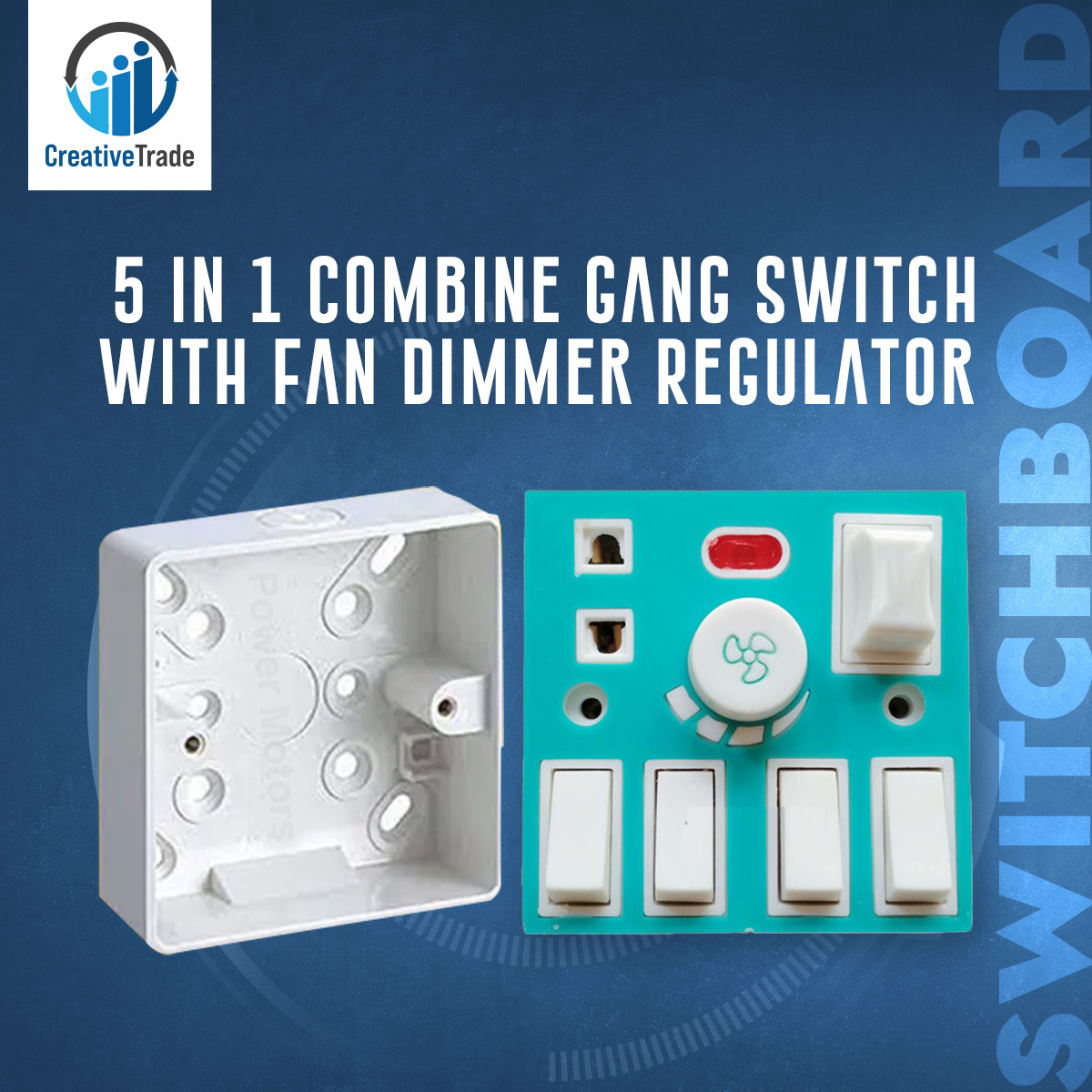 Picture of 5 In 1 AC 250V 6A Combine 4 Pcs Gang Switch With Fan Dimmer Regulator + 2 Pin Socket+ LED Indicator and Fuse Multicolor Combine Wall Gang All In One- Blue Color Picture of 5 In 1 AC 250V 6A Combine 4 Pcs Gang Switch With Fan Dimmer Regulator + 2 Pin Socket+ LED Indicator and Fuse Multicolor Combine Wall Gang All In One- Blue Color