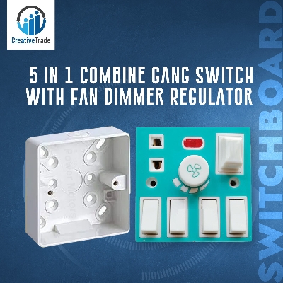 Picture of 5 In 1 AC 250V 6A Combine 4 Pcs Gang Switch With Fan Dimmer Regulator + 2 Pin Socket+ LED Indicator and Fuse Multicolor Combine Wall Gang All In One- Blue Color Picture of 5 In 1 AC 250V 6A Combine 4 Pcs Gang Switch With Fan Dimmer Regulator + 2 Pin Socket+ LED Indicator and Fuse Multicolor Combine Wall Gang All In One- Blue Color