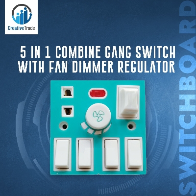 Picture of 5 In 1 AC 250V 6A Combine 4 Pcs Gang Switch With Fan Dimmer Regulator 2 Pin Socket LED Indicator and Fuse Multicolor Combine Wall Gang - Blue Color Picture of 5 In 1 AC 250V 6A Combine 4 Pcs Gang Switch With Fan Dimmer Regulator 2 Pin Socket LED Indicator and Fuse Multicolor Combine Wall Gang - Blue Color