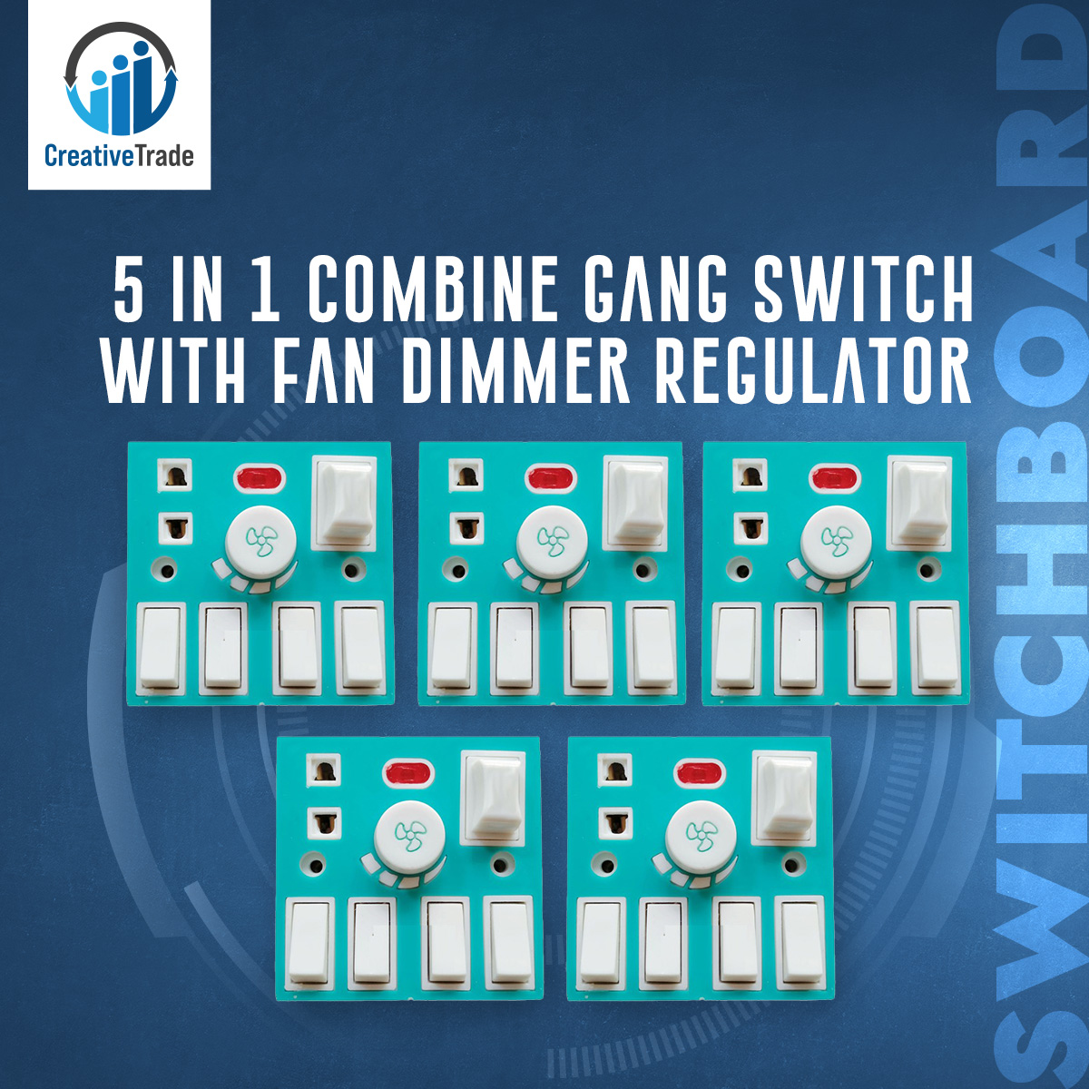 Picture of Bundle of 5 Pieces 5 In 1 AC 250V 6A Combine 4 Pcs Gang Switch With Fan Dimmer Regulator + 2 Pin Socket+ LED Indicator and Fuse Multicolor Combine Wall Gang All In One- Blue Color Picture of Bundle of 5 Pieces 5 In 1 AC 250V 6A Combine 4 Pcs Gang Switch With Fan Dimmer Regulator + 2 Pin Socket+ LED Indicator and Fuse Multicolor Combine Wall Gang All In One- Blue Color