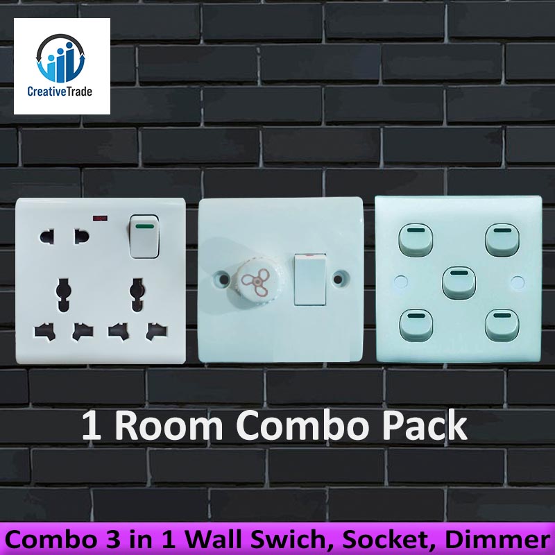 Picture of Combo 3 in 1 Wall Gang Swich, 8 Pin Gang Socket, Gang Dimmer- 1 Room Combo Pack Picture of Combo 3 in 1 Wall Gang Swich, 8 Pin Gang Socket, Gang Dimmer- 1 Room Combo Pack