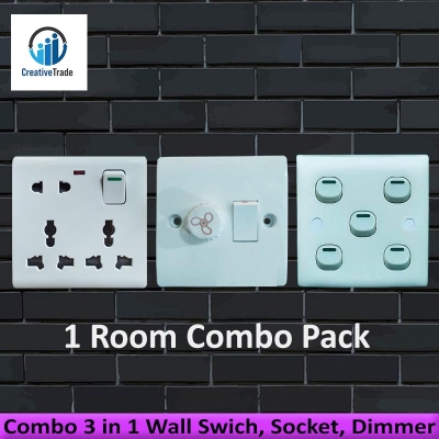 Picture of Combo 3 in 1 Wall Gang Swich, 8 Pin Gang Socket, Gang Dimmer- 1 Room Combo Pack Picture of Combo 3 in 1 Wall Gang Swich, 8 Pin Gang Socket, Gang Dimmer- 1 Room Combo Pack
