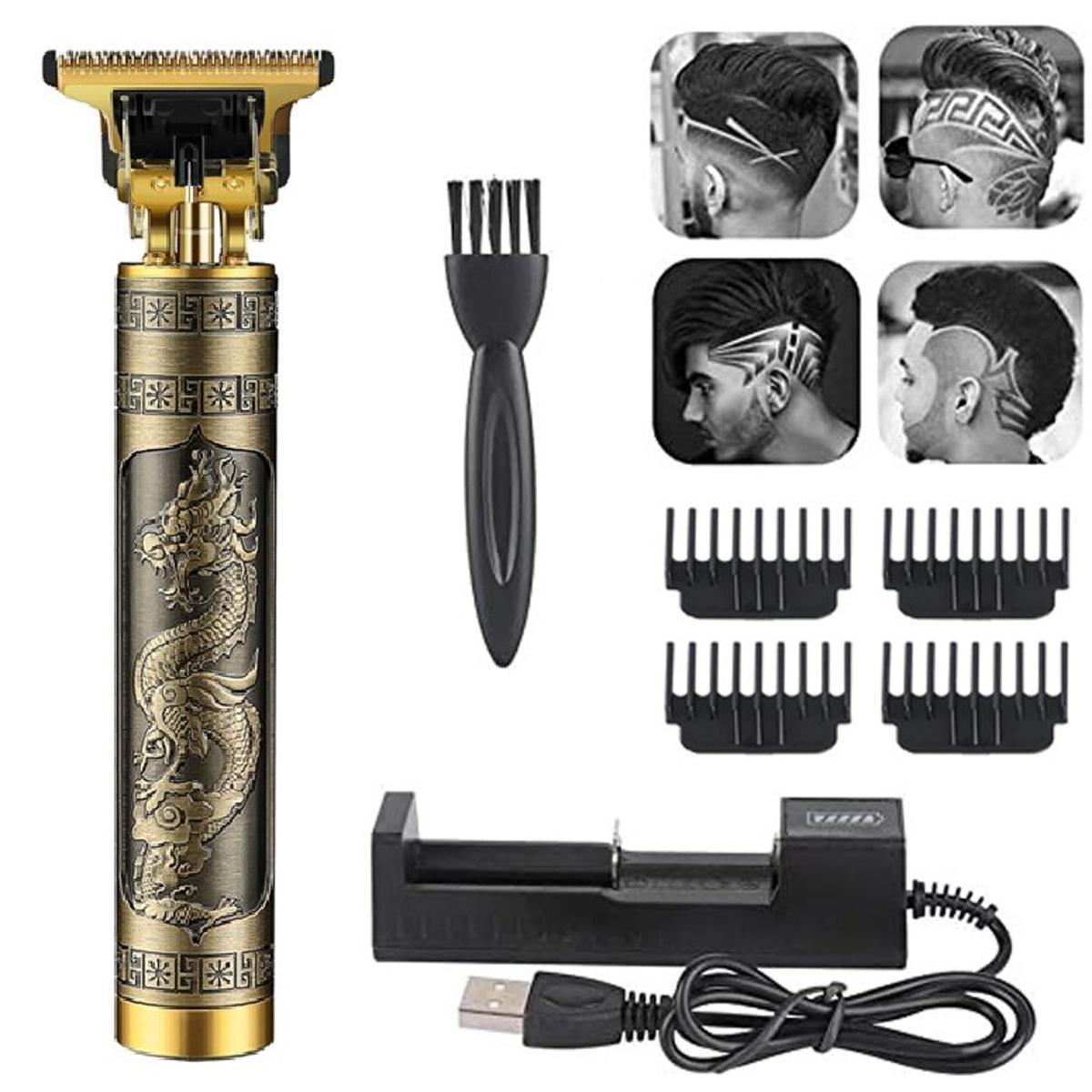 Picture of T9 Vintage USB Rechargeable Hair Trimmer Electric Hair Clipper Haircut Machine For Men Metal Body