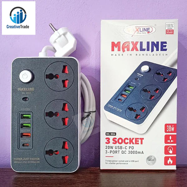 Picture of Maxline ML-804, 3 Socket & 4 USB With Charging Multiplug Power 3 Socket Multiplug