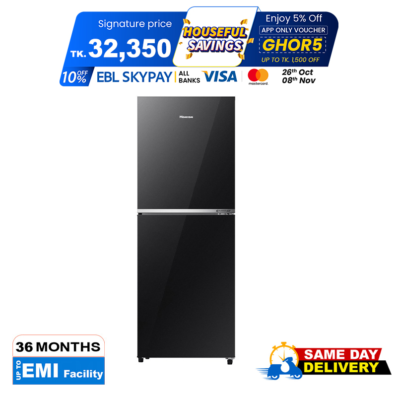 Picture of Hisense 238 Liter Top Mount Inverter Glass Door Frost Type Refrigerator (RT1G236NAB/BD3) Black