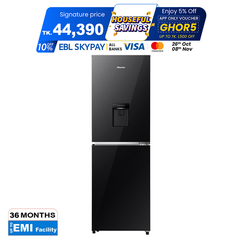 Picture of Hisense 270 Lliter Bottom Mount  Inverter Glass Door with Dispenser Refrigerator Mirror Black (RB1G266NMMB)