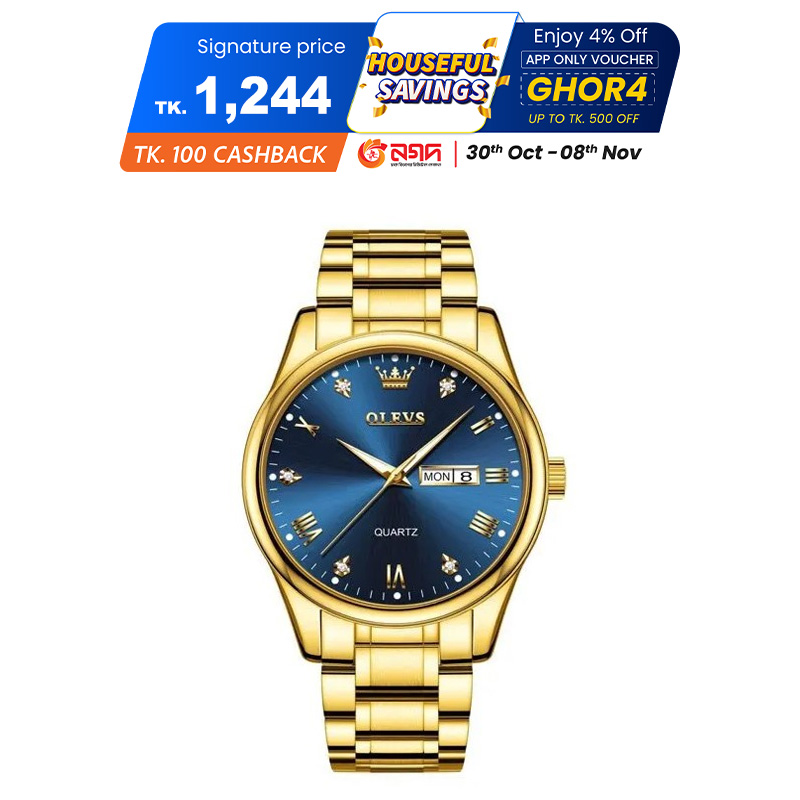 Picture of Olevs 5563G Golden Stainless Steel Analog Wrist Watch For Men - RoyalBlue & Golden