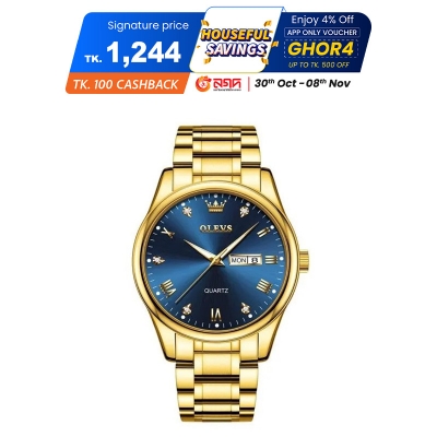 Picture of Olevs 5563G Golden Stainless Steel Analog Wrist Watch For Men - RoyalBlue & Golden