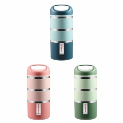 Picture of Tedemei 3 Layers 1.43L with Handle Portable Leak-Proof Filled PU Foam Inner Stainless Steel Bowl Student Bento Lunch Box - BB-6372