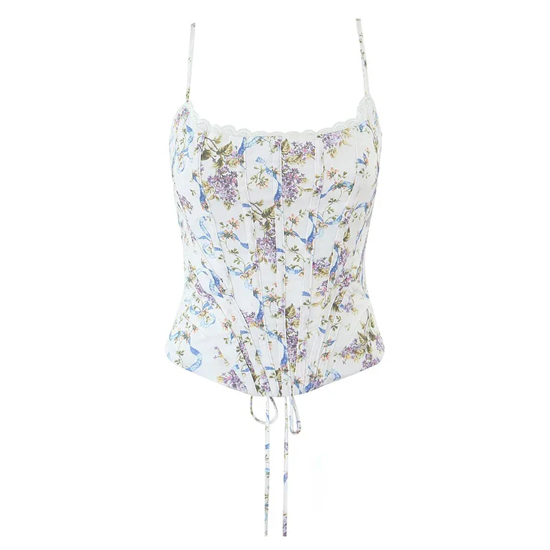 Picture of High quality Summer New Design Lace Print Women stripe Camisole Bandage Streetwear Removable Cup crop top women