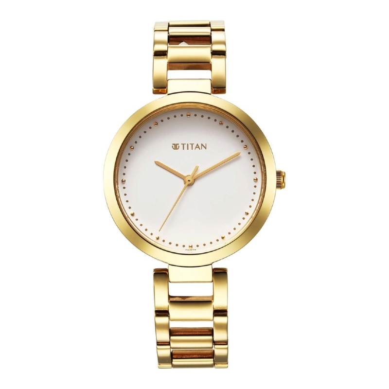 Picture of Titan 2480Ym03 Workwear Quartz Analog White Dial Golden Stainless Steel Strap Watch For Women