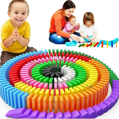Picture of 100 pcs Wooden Dominos Blocks Set, Kids Game Educational Play Toy