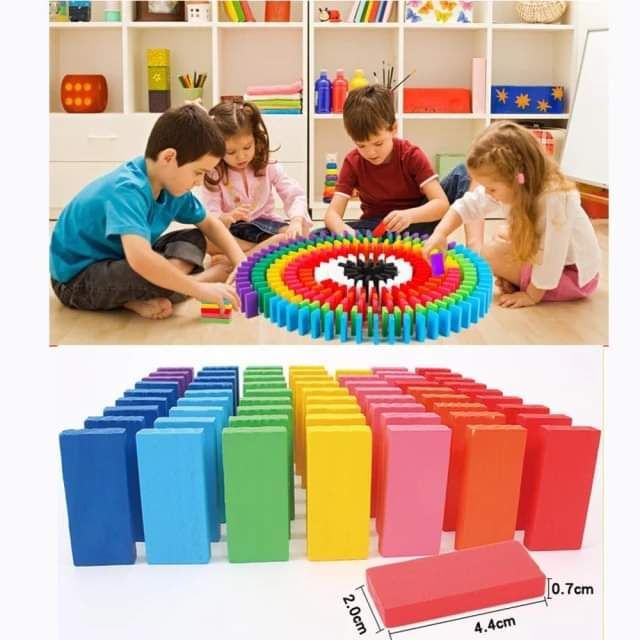 Picture of 100 pcs Wooden Dominos Blocks Set, Kids Game Educational Play Toy