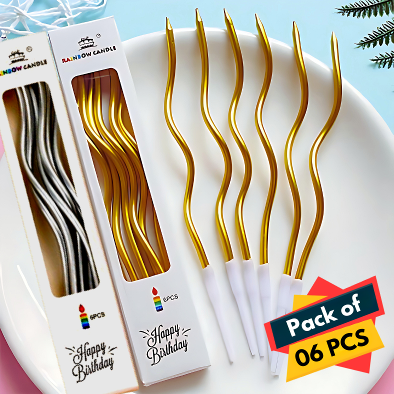 Spiral Twisty Gold & Silver Long Stick Metallic Candle for Birthday, Wedding Party and Cake Decoration- (Pack of 06 Pcs)
