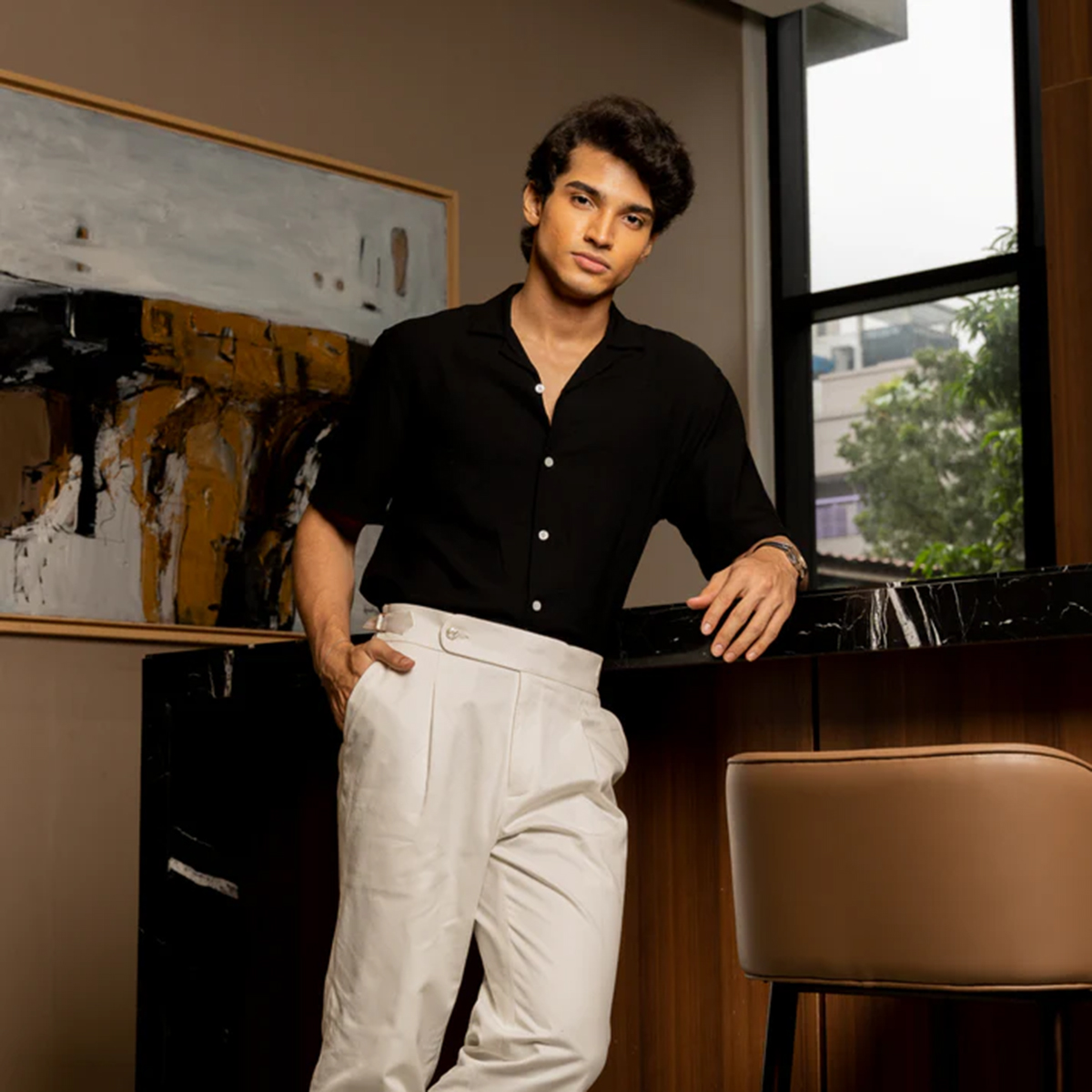 Picture of Bosphorus Black Textured Drape Shirt For Men