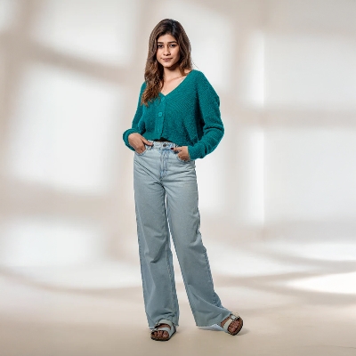 Picture of Bosphorus Fuzzy Teal Oversized Cardigan For Women