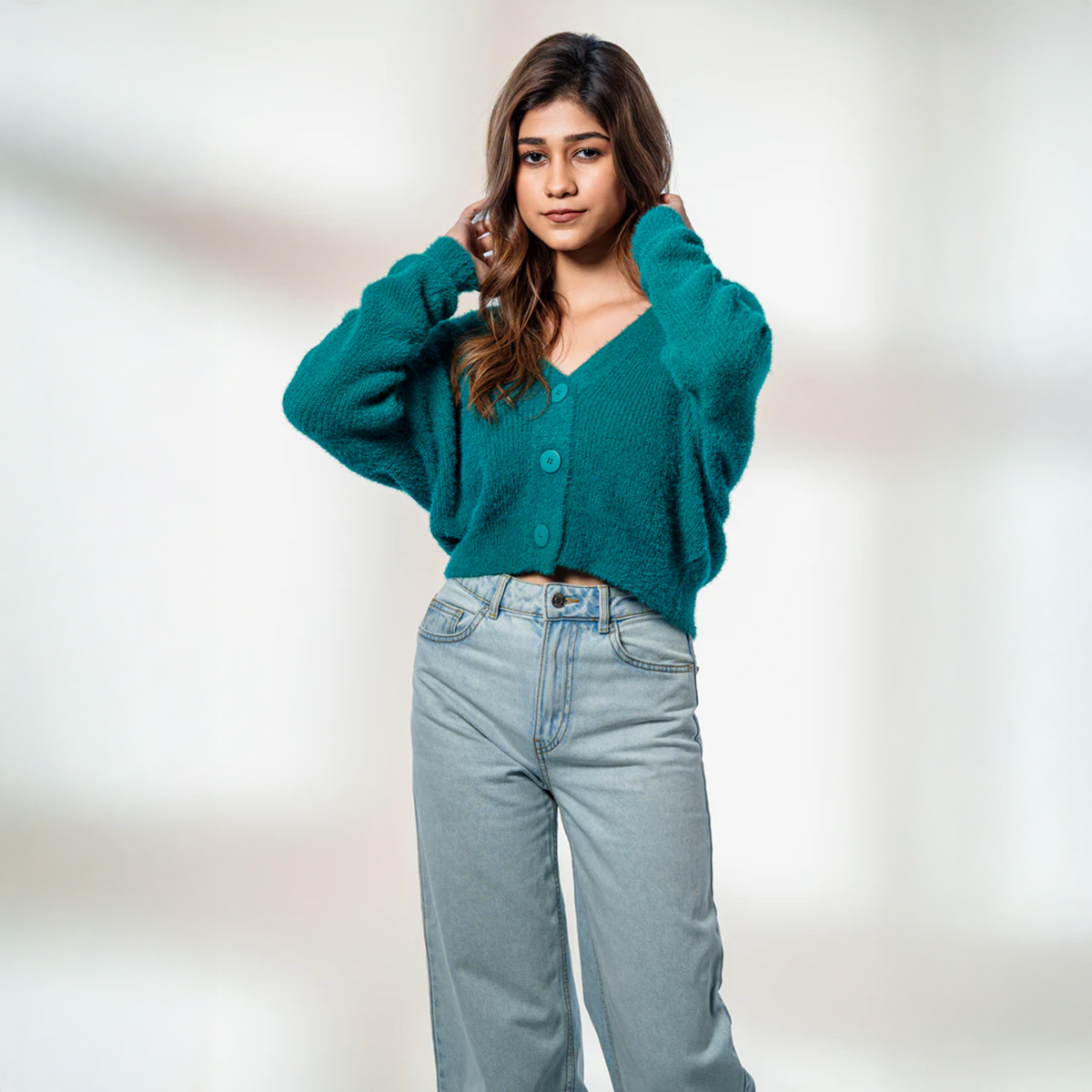 Picture of Bosphorus Fuzzy Teal Oversized Cardigan For Women