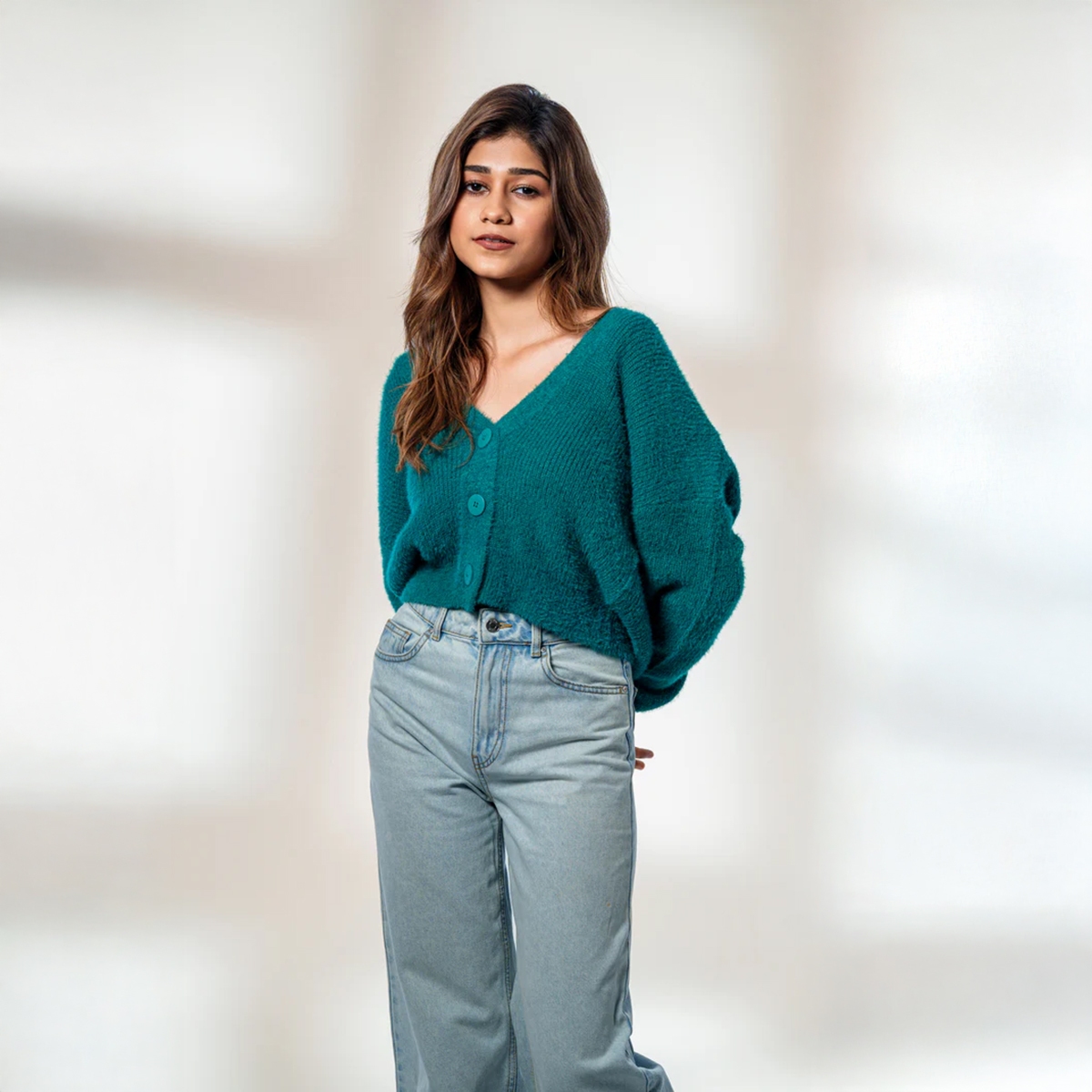 Picture of Bosphorus Fuzzy Teal Oversized Cardigan For Women