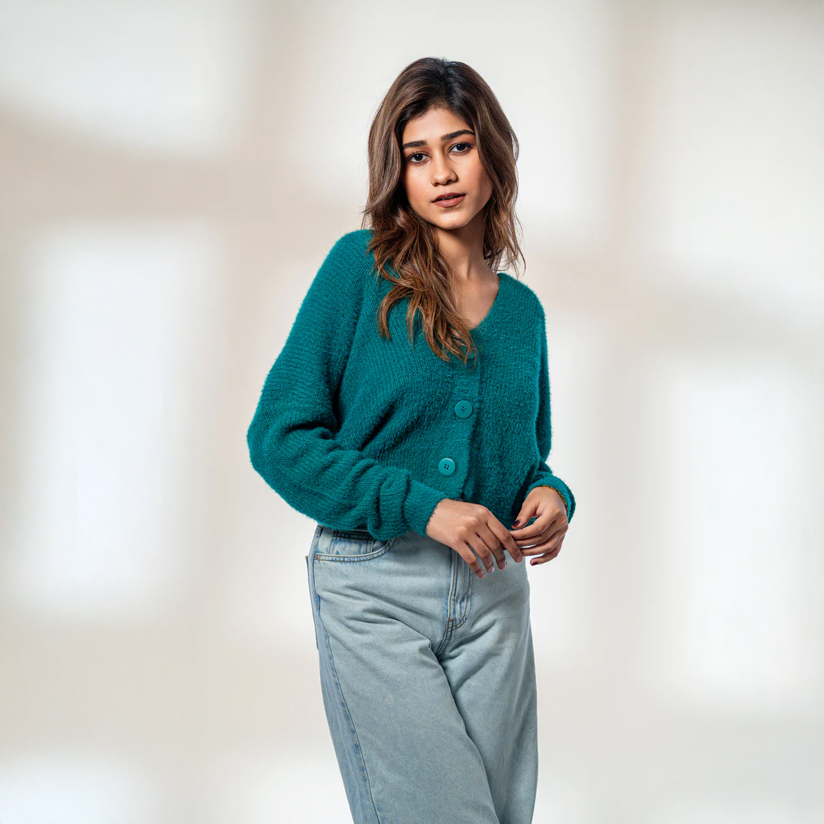 Picture of Bosphorus Fuzzy Teal Oversized Cardigan For Women