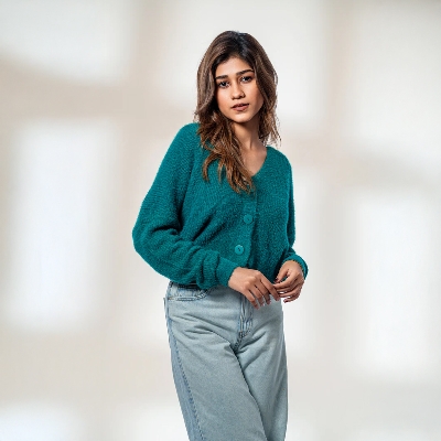 Picture of Bosphorus Fuzzy Teal Oversized Cardigan For Women