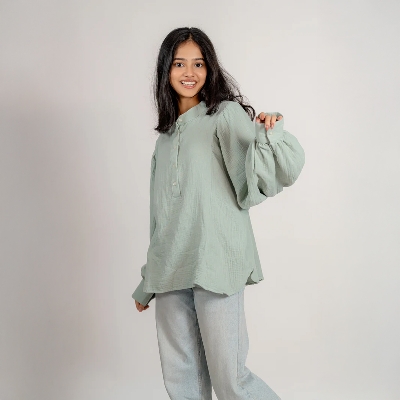 Picture of Bosphorus Balloon Sleeve Top in Pistachio For Women - Light Olive