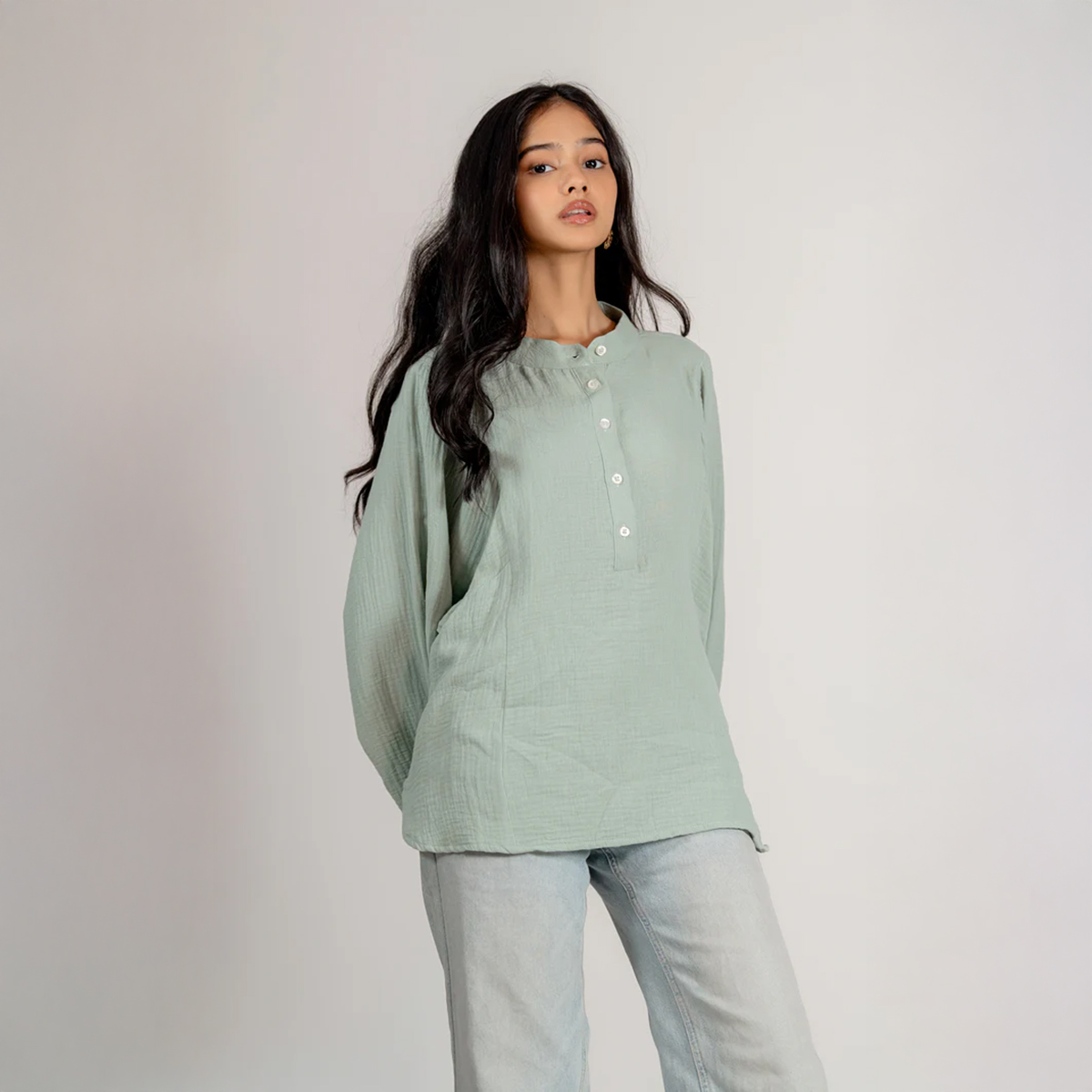 Picture of Bosphorus Balloon Sleeve Top in Pistachio For Women - Light Olive