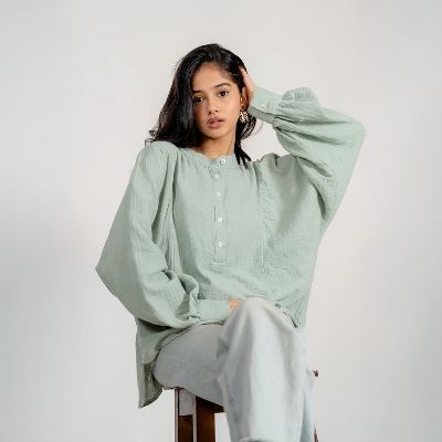 Picture of Bosphorus Balloon Sleeve Top in Pistachio For Women - Light Olive