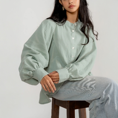 Picture of Bosphorus Balloon Sleeve Top in Pistachio For Women - Light Olive