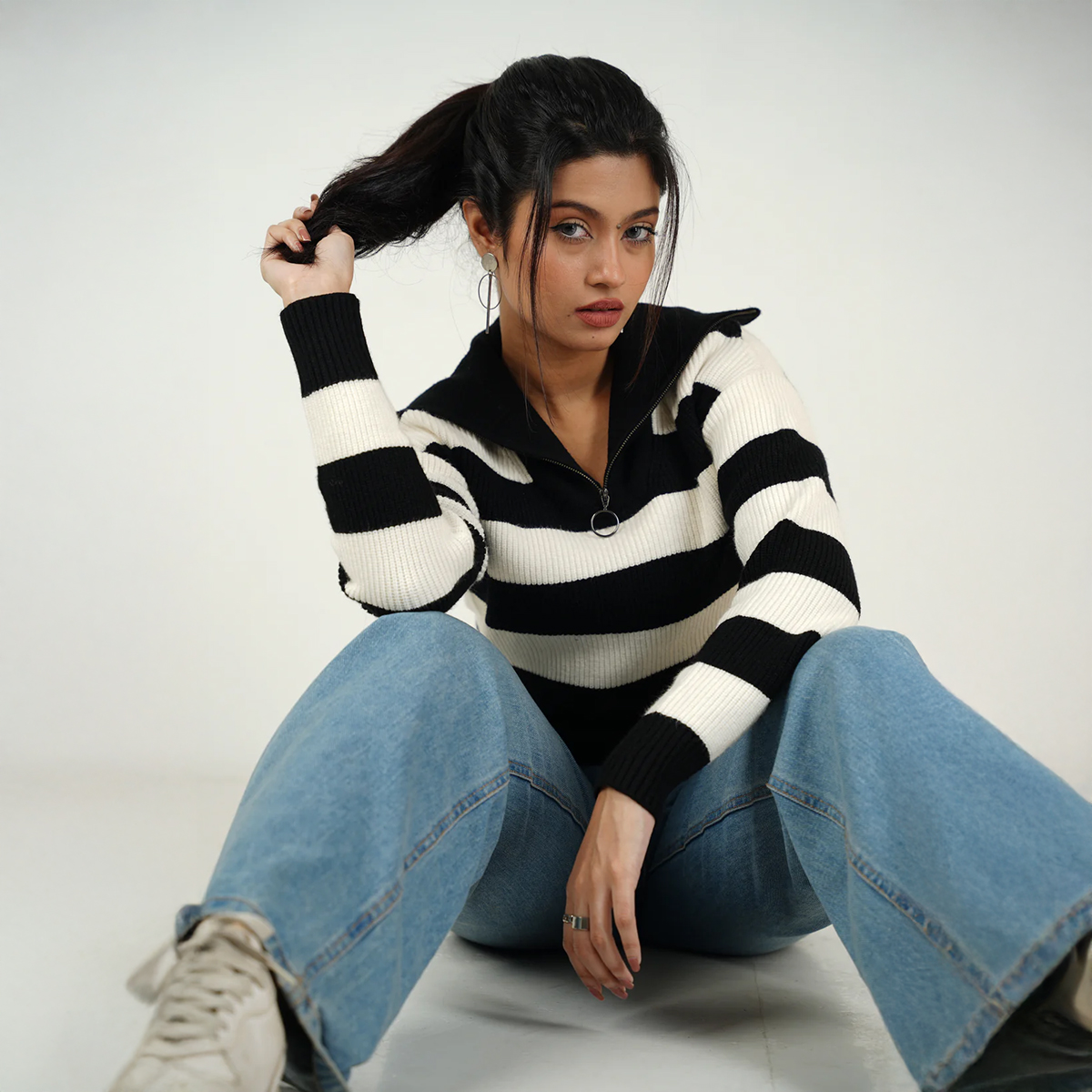 Picture of Bosphorus Monochrome Zip Collar Jumper For Women B&W