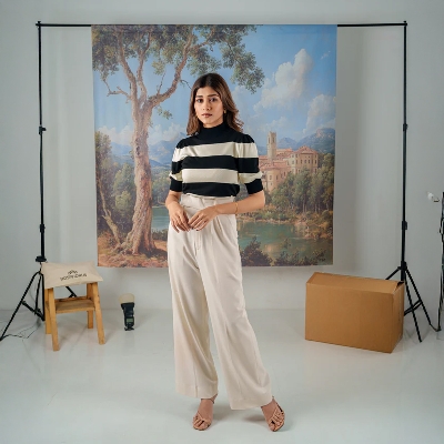 Picture of Bosphorus Puffed Sleeve Knit Top For Women B&W