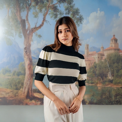 Picture of Bosphorus Puffed Sleeve Knit Top For Women B&W