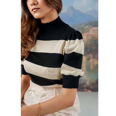 Picture of Bosphorus Puffed Sleeve Knit Top For Women B&W