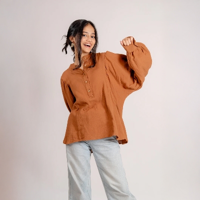 Picture of Bosphorus Balloon Sleeve Top in Cinnamon For Women