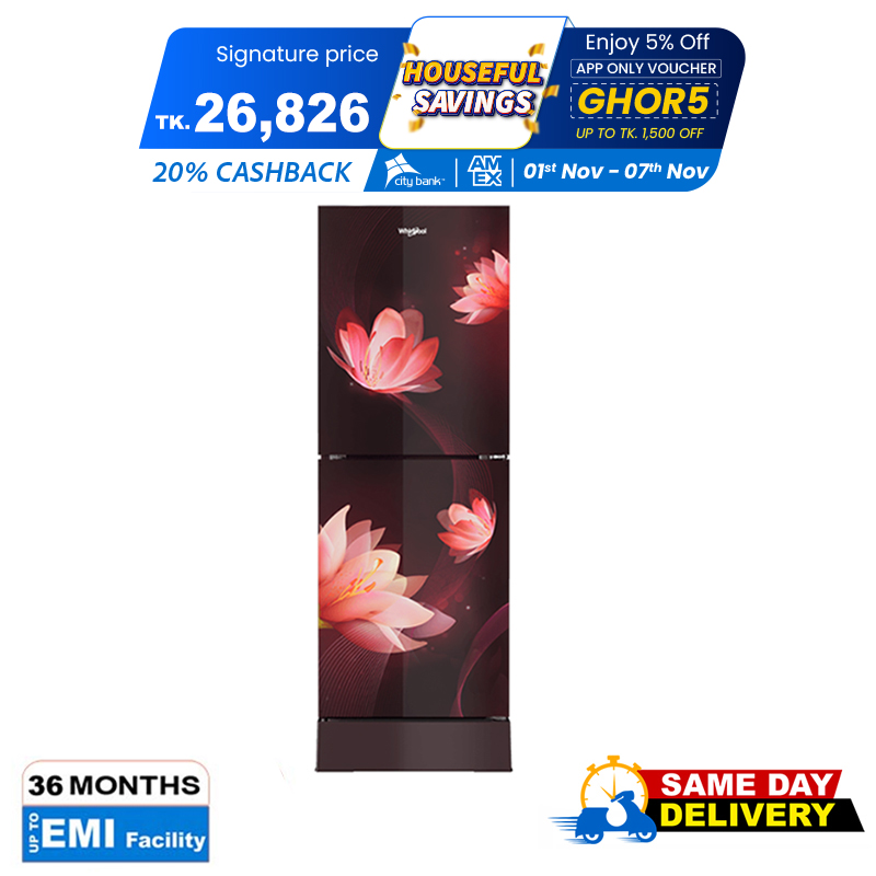 Picture of Whirlpool 236 Liter Bottom Mount Glass Door Fresh Magic Pro Non Inverter Frost Refrigerator