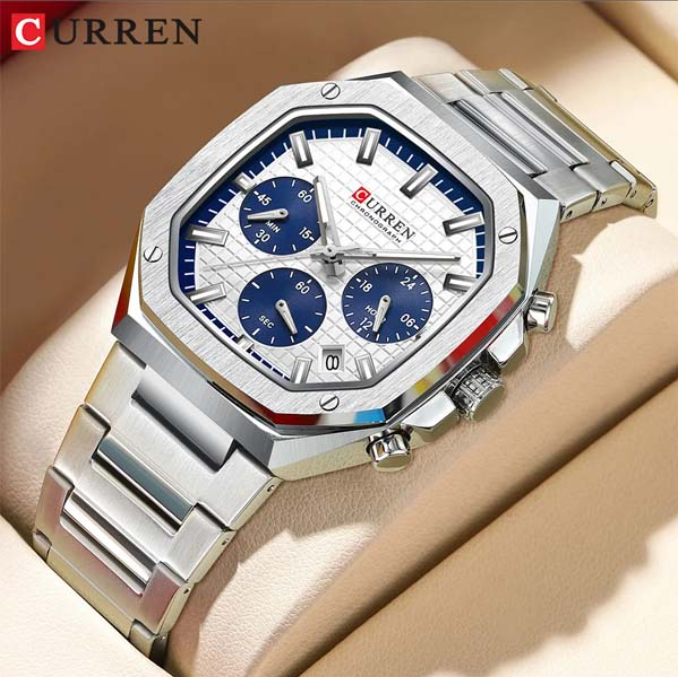 Picture of CURREN 8459 Men's Stainless Steel Quartz Watch Luxury Fashionable Casual Wristwatch For Men- Silver & Blue