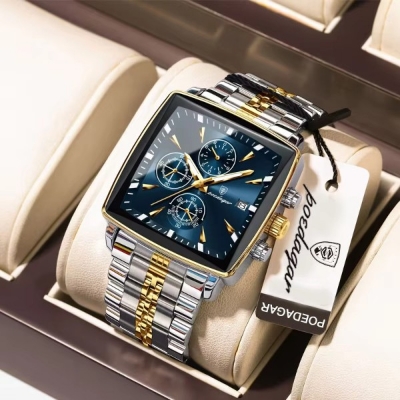 Picture of POEDAGAR Men's Square Sports Watches Waterproof Luminous Quartz Wristwatch Luxury Stainless Steel Clock