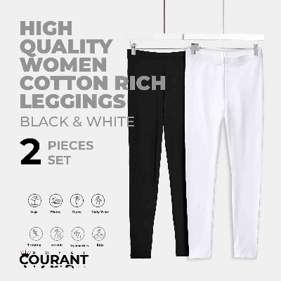 Picture of High Quality Women Basic Full Length Cotton Leggings-White and Black 2pcs set