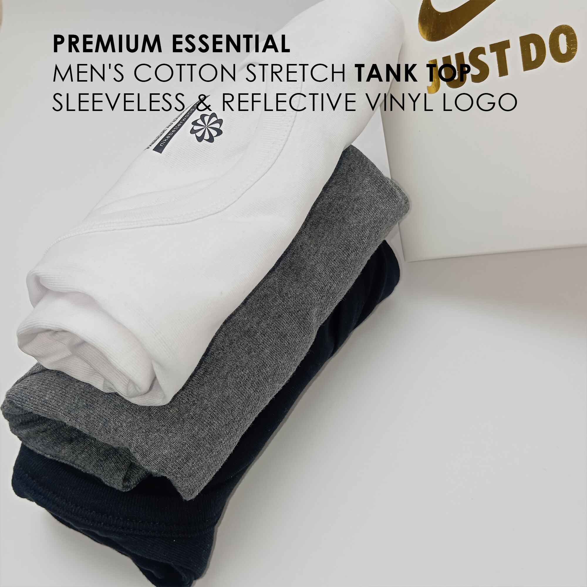 Picture of PREMIUM ESSENTIAL Men's Cotton Stretch Tank Top-Vest-Gangi - Sleeveless & REFLECTIVE Logo - 3 Pcs Set