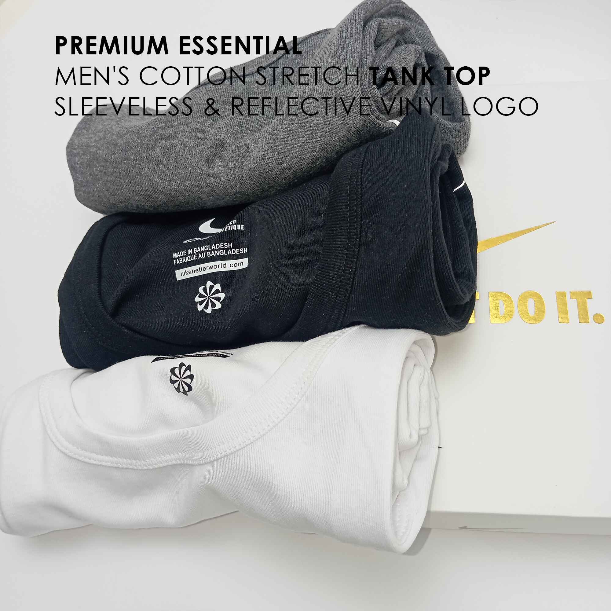 Picture of PREMIUM ESSENTIAL Men's Cotton Stretch Tank Top-Vest-Gangi - Sleeveless & REFLECTIVE Logo - 3 Pcs Set