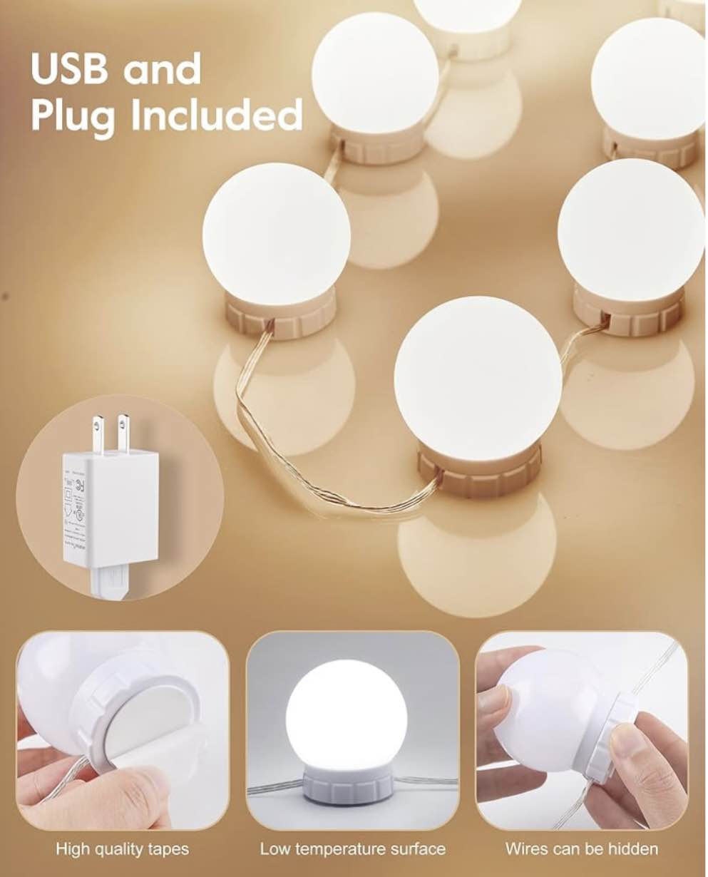 Picture of LED Vanity Lights For Mirror, Consciot Modern Style With 10 Dimmable Bulbs, Adjustable Color & Brightness, USB Cable, Stick on for Makeup Table Dressing Room Mirror