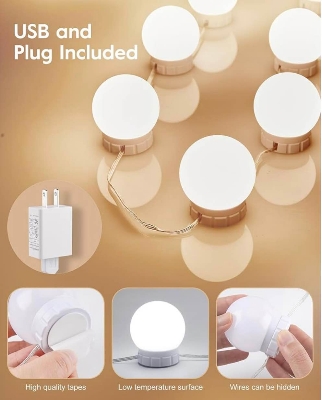 Picture of LED Vanity Lights For Mirror, Consciot Modern Style With 10 Dimmable Bulbs, Adjustable Color & Brightness, USB Cable, Stick on for Makeup Table Dressing Room Mirror