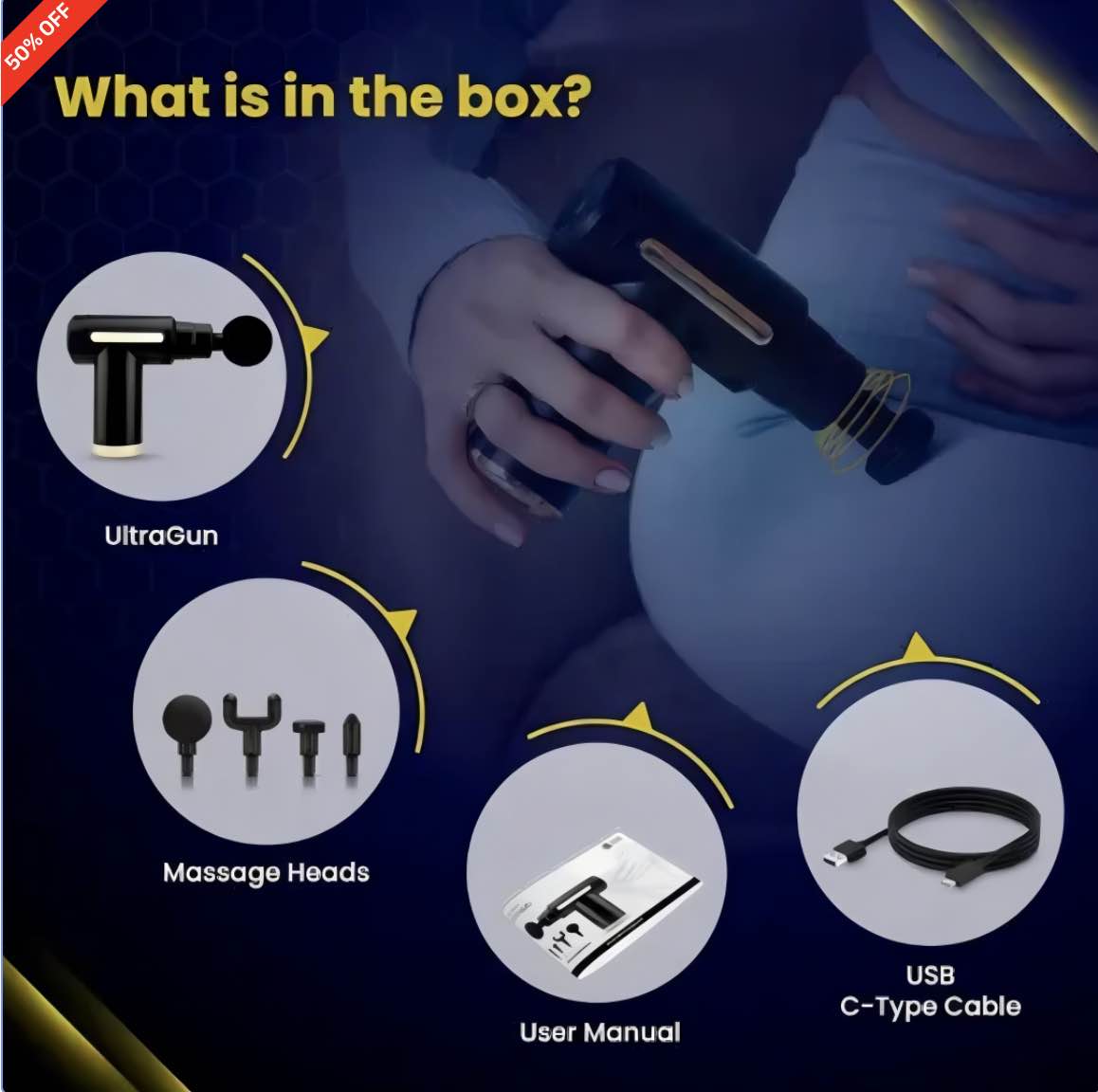 Picture of Wireless Handheld Massage Gun with 4 Interchangeable Heads, Deep Tissue USB-C Rechargeable, Low-Noise, Portable Home Spa Massager