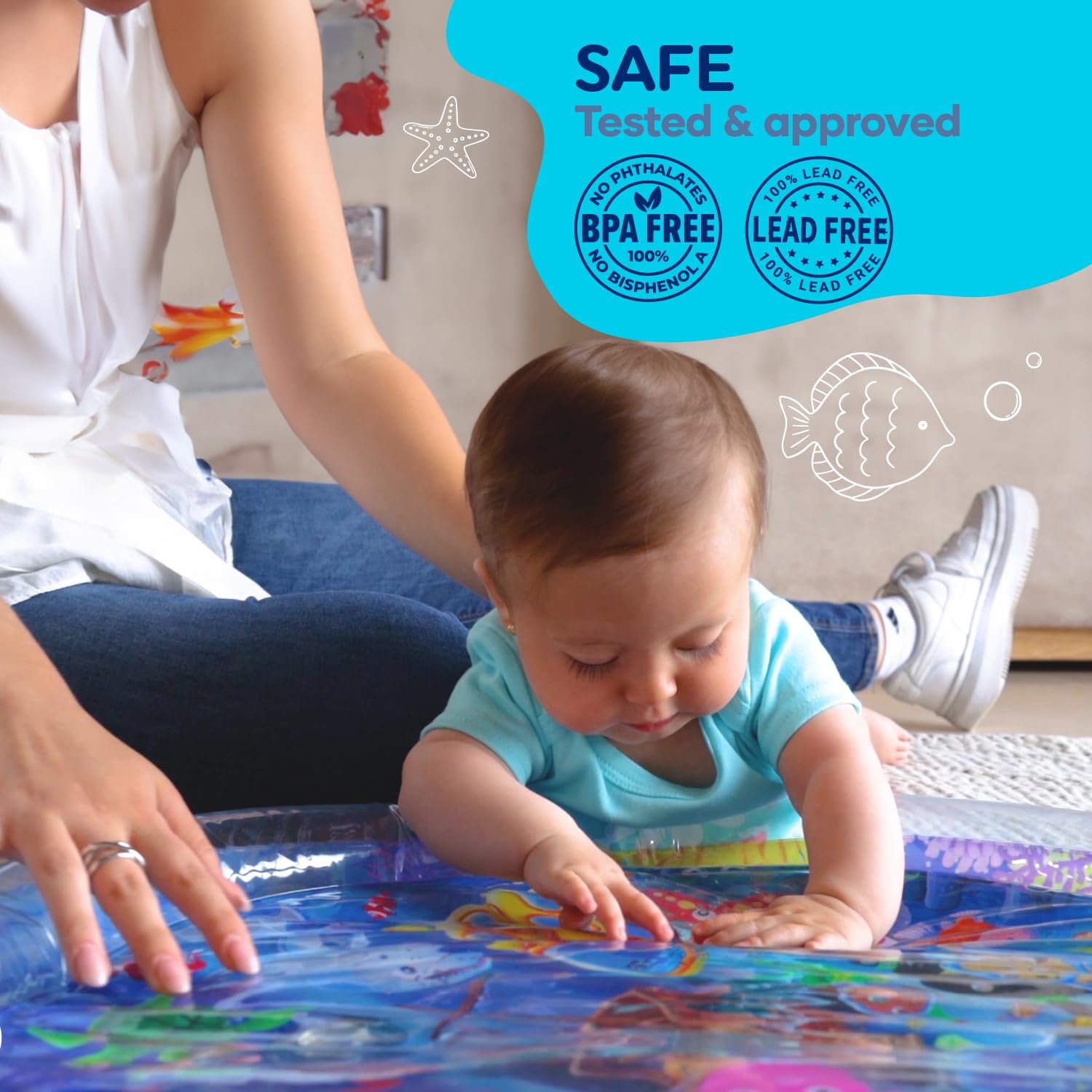 Picture of 85 cm Round Shape Children's Inflatable Pat Pad Water Play Mat Inflatable Baby Mat Water Pad PVC Ocean Fish Water Pad Toy Cushion Gift for Infants Toddlers Boys Girls Round Play Mat