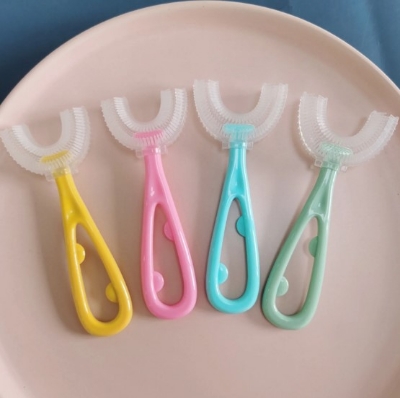 Picture of Kids U Shaped Toothbrush 360 Degree Food Grade Toddler Whole Mouth Toothbrush Oral Teeth Cleaning Soft Silicone Massage Toothbrush with Handle for Kids Baby Toddler Boys Girls