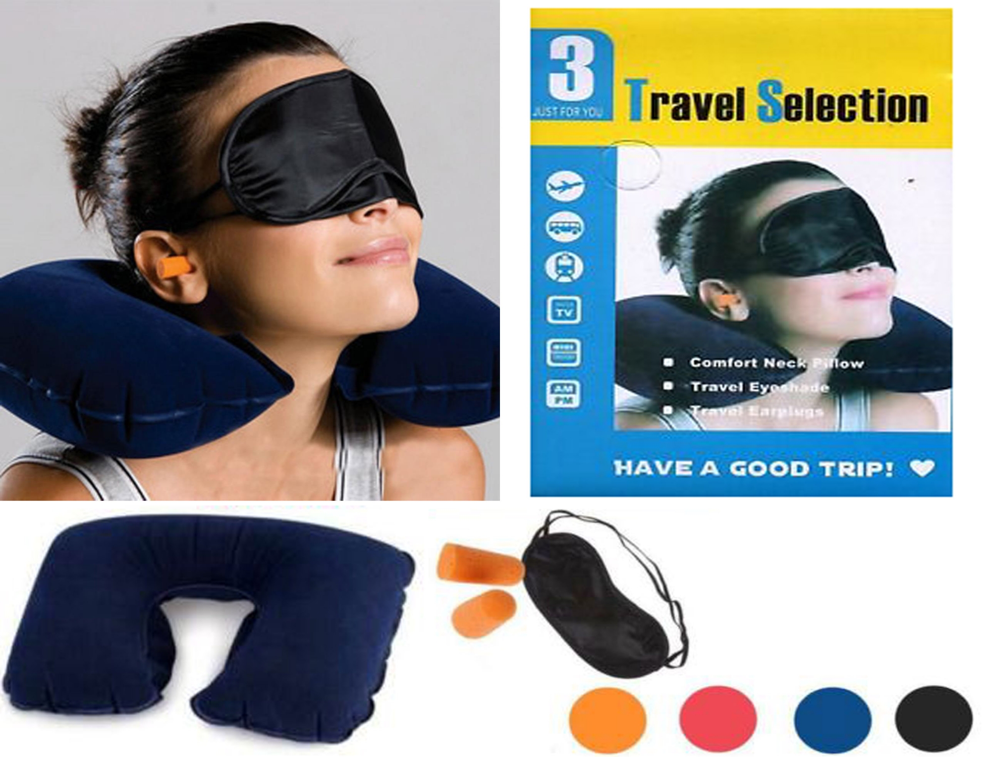 Picture of 3 In 1 Travel Kit Set - Neck Pillow, Eye Mask, Ear Bud (Multi Colour)