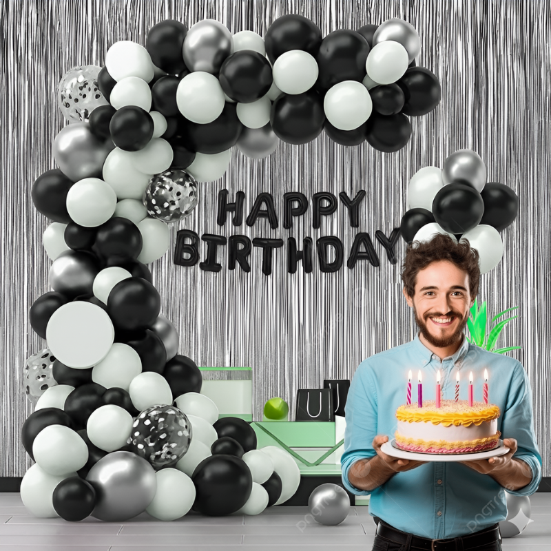Premium Black & White Birthday Decoration Combo- Metallic Balloons, Banners, and Pumper for Easy Party Setup- (Pack of 71 Pcs)