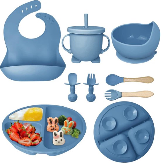 Picture of 8 pcs set Silicone Baby Feeding Set Dining Utensils for Baby Led Weaning Suction Plate Bowl with Sippy Cup Lid
