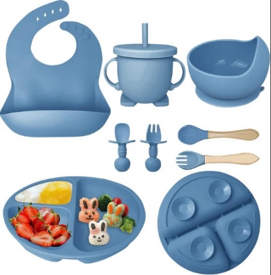 Picture of 8 pcs set Silicone Baby Feeding Set Dining Utensils for Baby Led Weaning Suction Plate Bowl with Sippy Cup Lid