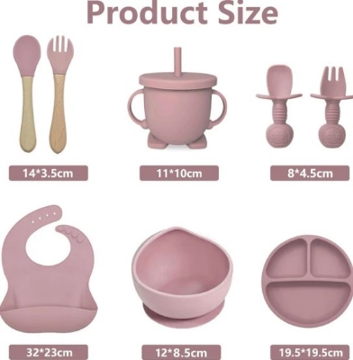 Picture of 8 pcs set Silicone Baby Feeding Set Dining Utensils for Baby Led Weaning Suction Plate Bowl with Sippy Cup Lid